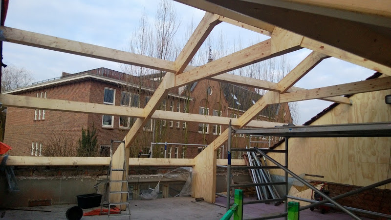 Dakconstructie met spanten en gordingen, binnenkant